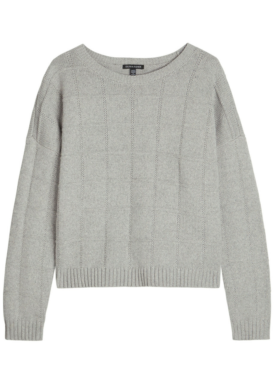 Eileen Fisher Check Cotton and Cashmere-blend Jumper Light Grey