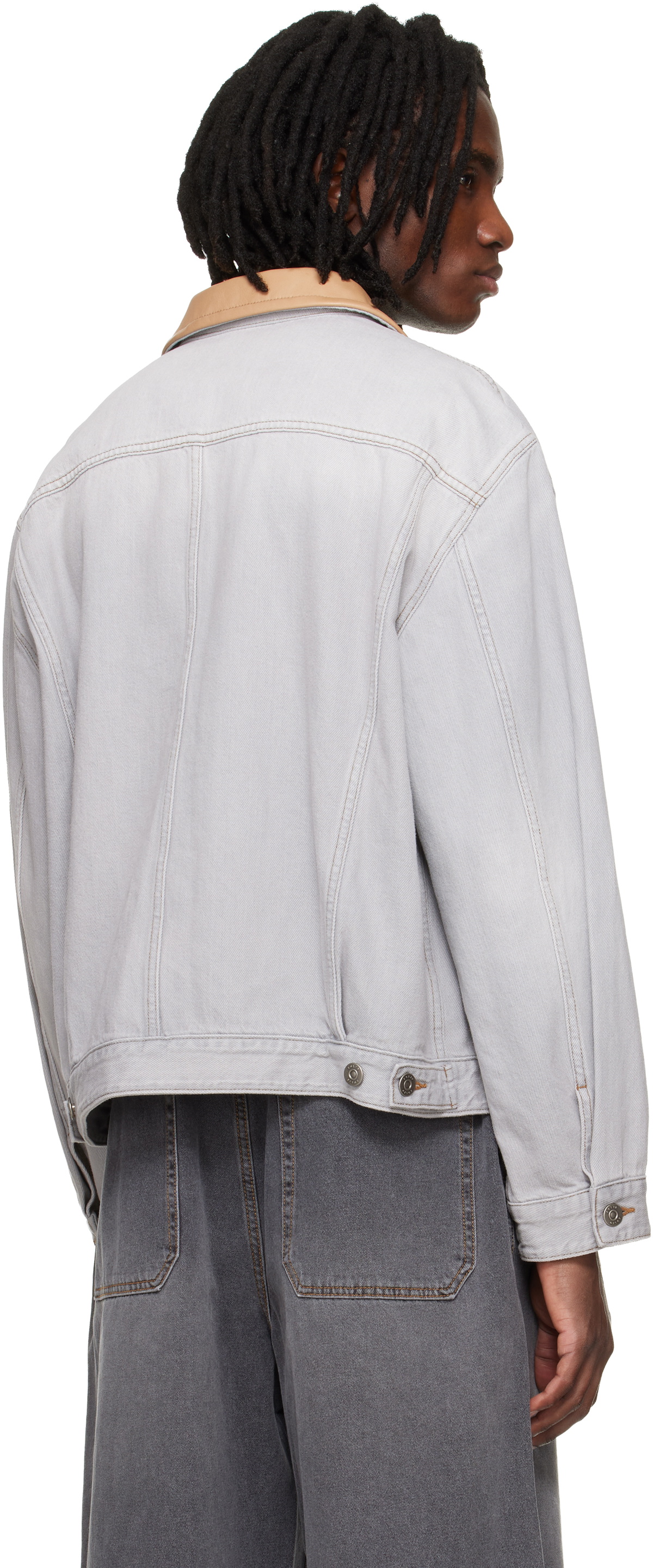 Solid Homme Gray Leather Collared Denim Trucker Jacket