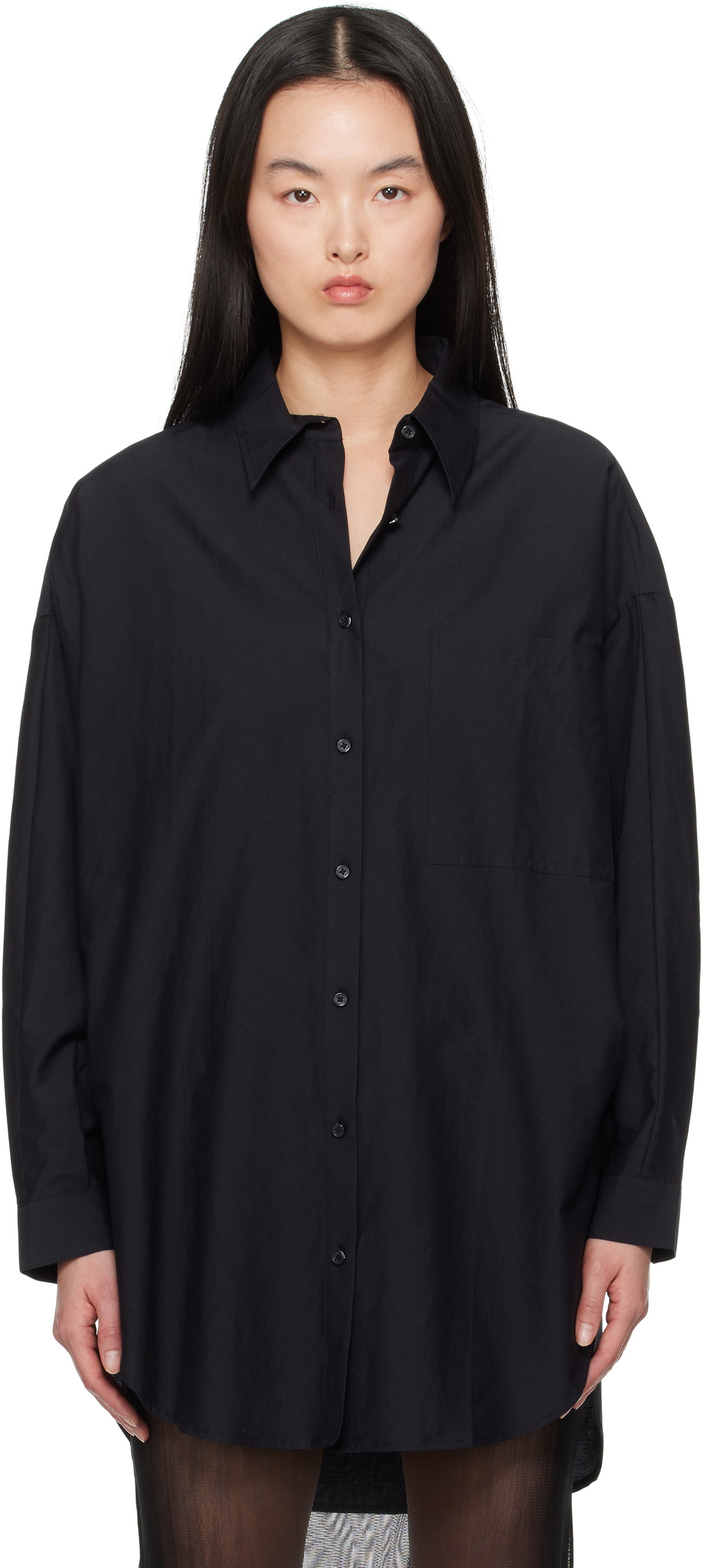 Silk Laundry Black Cotton Silk Round Shirt