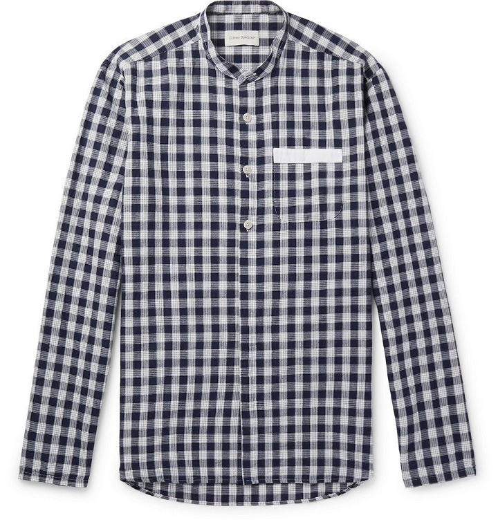 Photo: Oliver Spencer - Hatch Grandad-Collar Checked Cotton and Linen-Blend Shirt - Navy