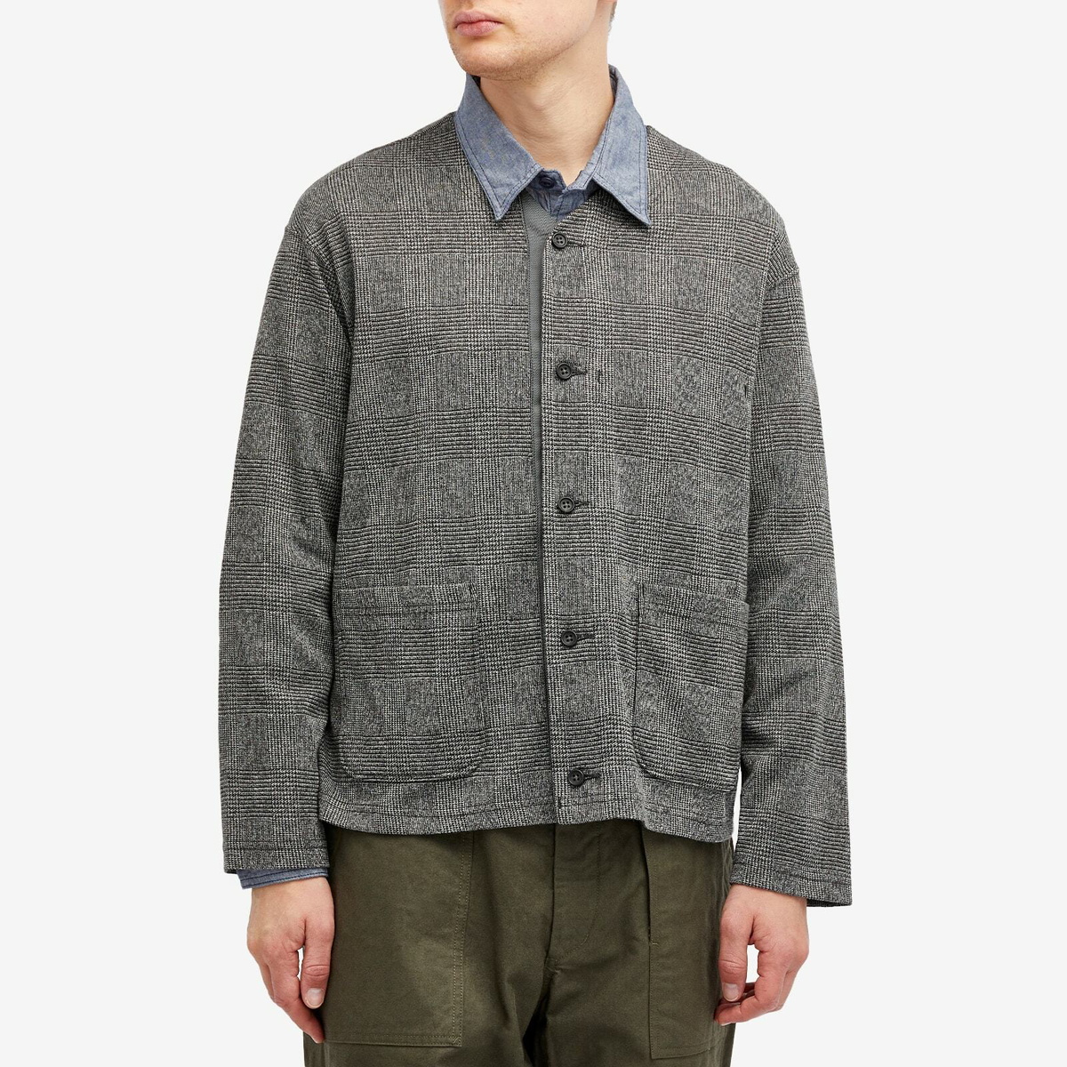 Engineered Garments　Crewneck Cardigan Engineered Garments Men's Knit Cardigan in Black/Grey Glen Plaid