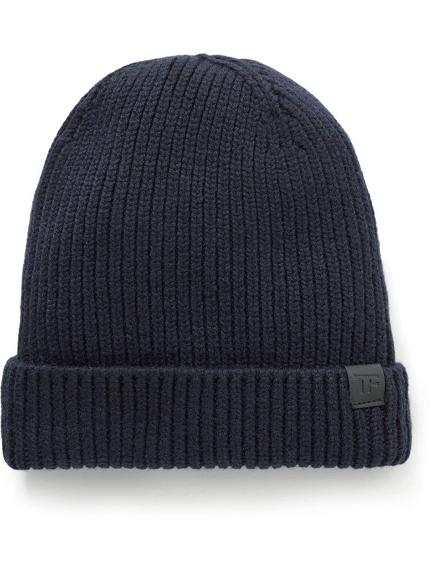 Photo: TOM FORD - Leather-Trimmed Ribbed Cashmere Beanie - Blue