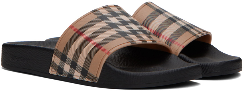 Burberry Beige & Black Check Slides Burberry display picture 1