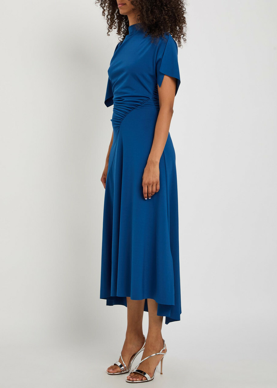 Victoria Beckham Asymmetric Ruched Stretch-jersey Midi Dress Dark Blue
