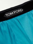 TOM FORD - Velvet-Trimmed Stretch-Silk Satin Boxer Shorts - Blue