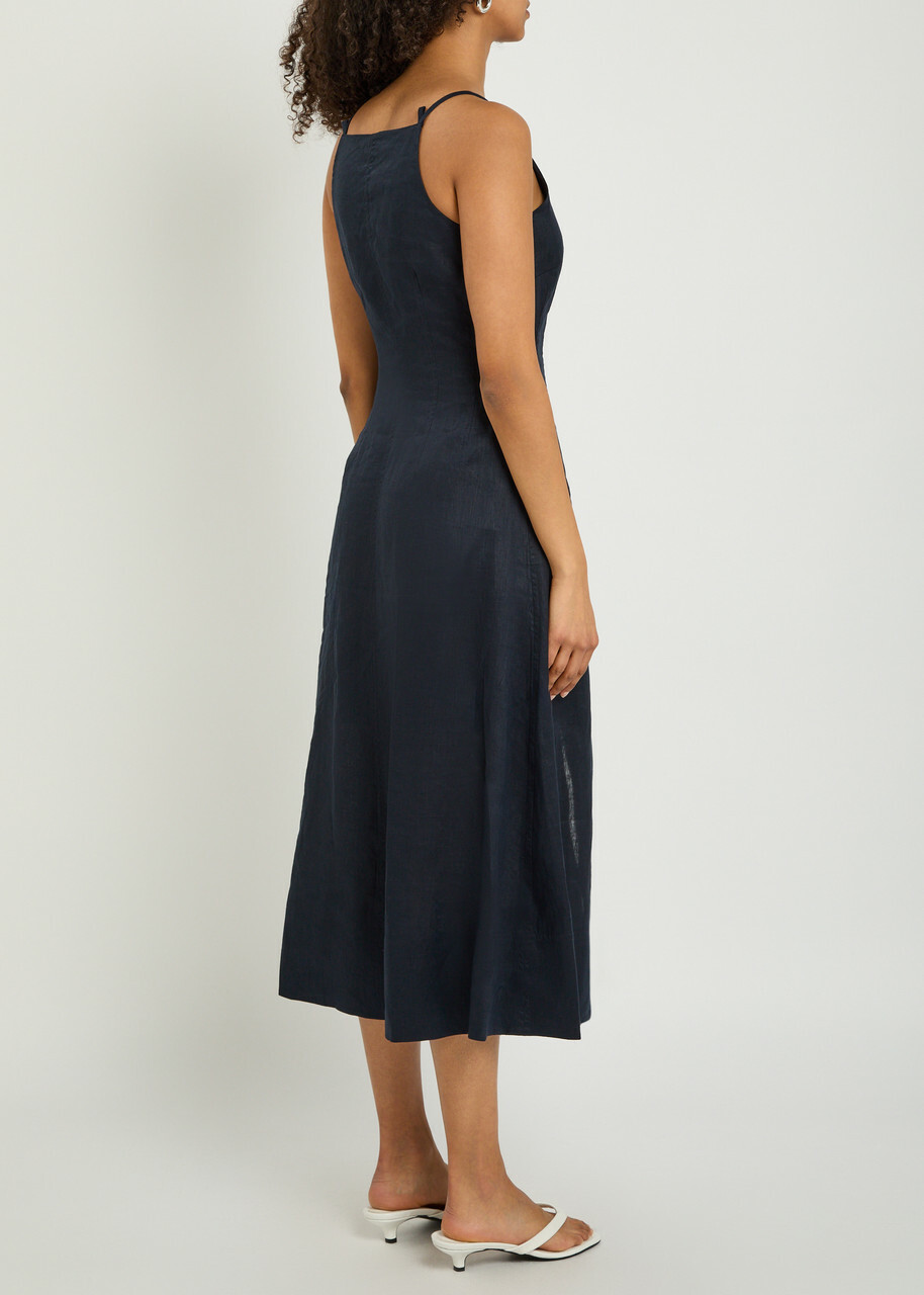 Veronica Beard Georges Button-up Linen Midi Dress Navy