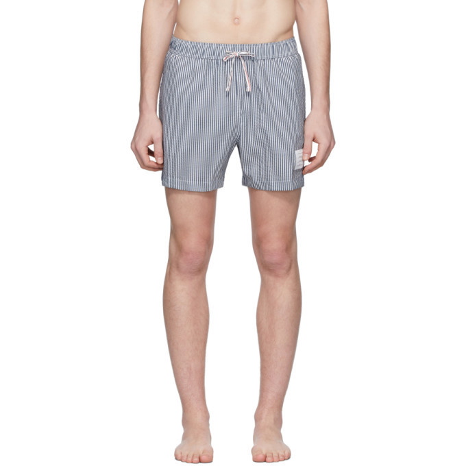Photo: Thom Browne Navy and White Striped Seersucker Drawcord Shorts