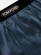 TOM FORD - Velvet-Trimmed Stretch-Silk Satin Boxer Shorts - Blue