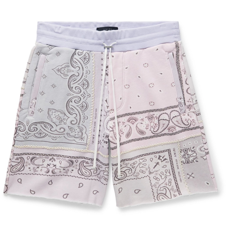 Photo: AMIRI - Wide-Leg Bandana-Print Loopback Cotton-Jersey Drawstring Shorts - Purple
