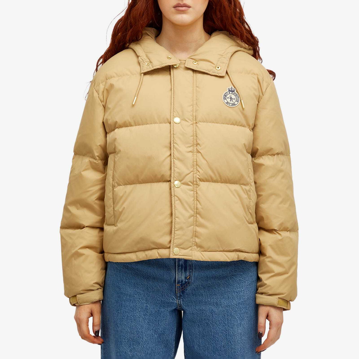Sporty & Rich Women's Crown Logo Hooded Puffer Jacket in Beige