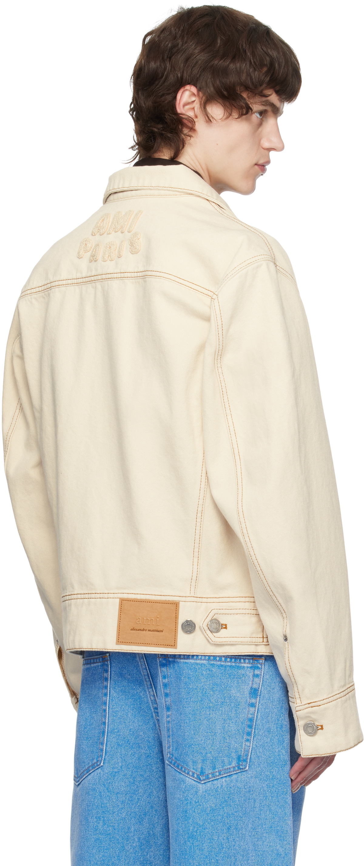 AMI Paris Off-White Cotton 'Ami Paris' Trucker Denim Jacket