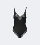 Saint Laurent Lace-trimmed ribbed-knit silk bodysuit