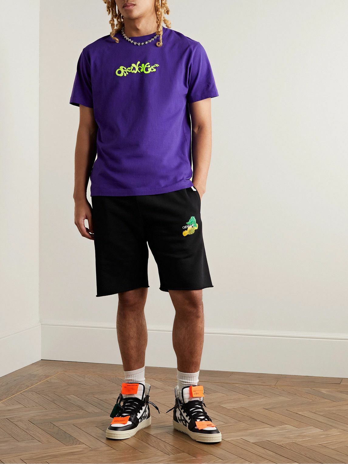 Off-White - Logo-Flocked Cotton-Jersey T-Shirt - Purple