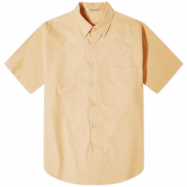 Photo: Auralee Men's Washed Finx Short Sleeve Shirt in Light Brown