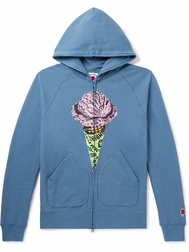 Photo: ICECREAM - Printed Logo-Appliquéd Cotton-Jersey Zip-Up Hoodie - Blue