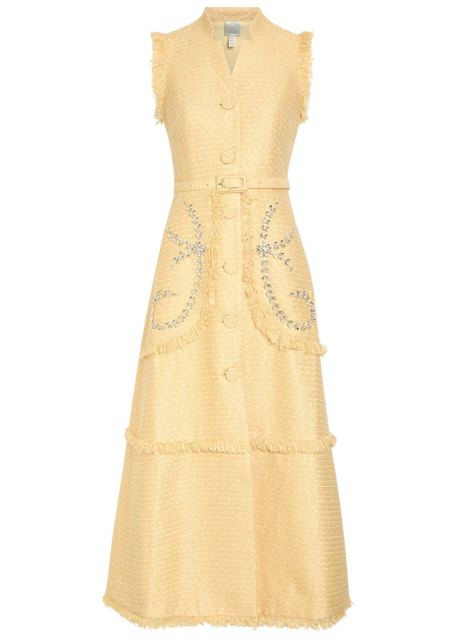 Huishan Zhang Corinthe Crystal-embellished Belted Tweed Midi Dress Yellow