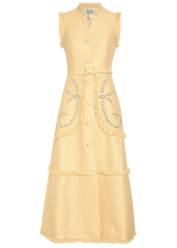 Photo: Huishan Zhang Corinthe Crystal-embellished Belted Tweed Midi Dress Yellow