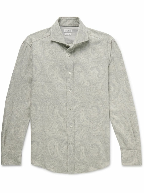 Photo: Brunello Cucinelli - Slim-Fit Cutaway-Collar Brushed Paisley-Print Cotton Shirt - Gray