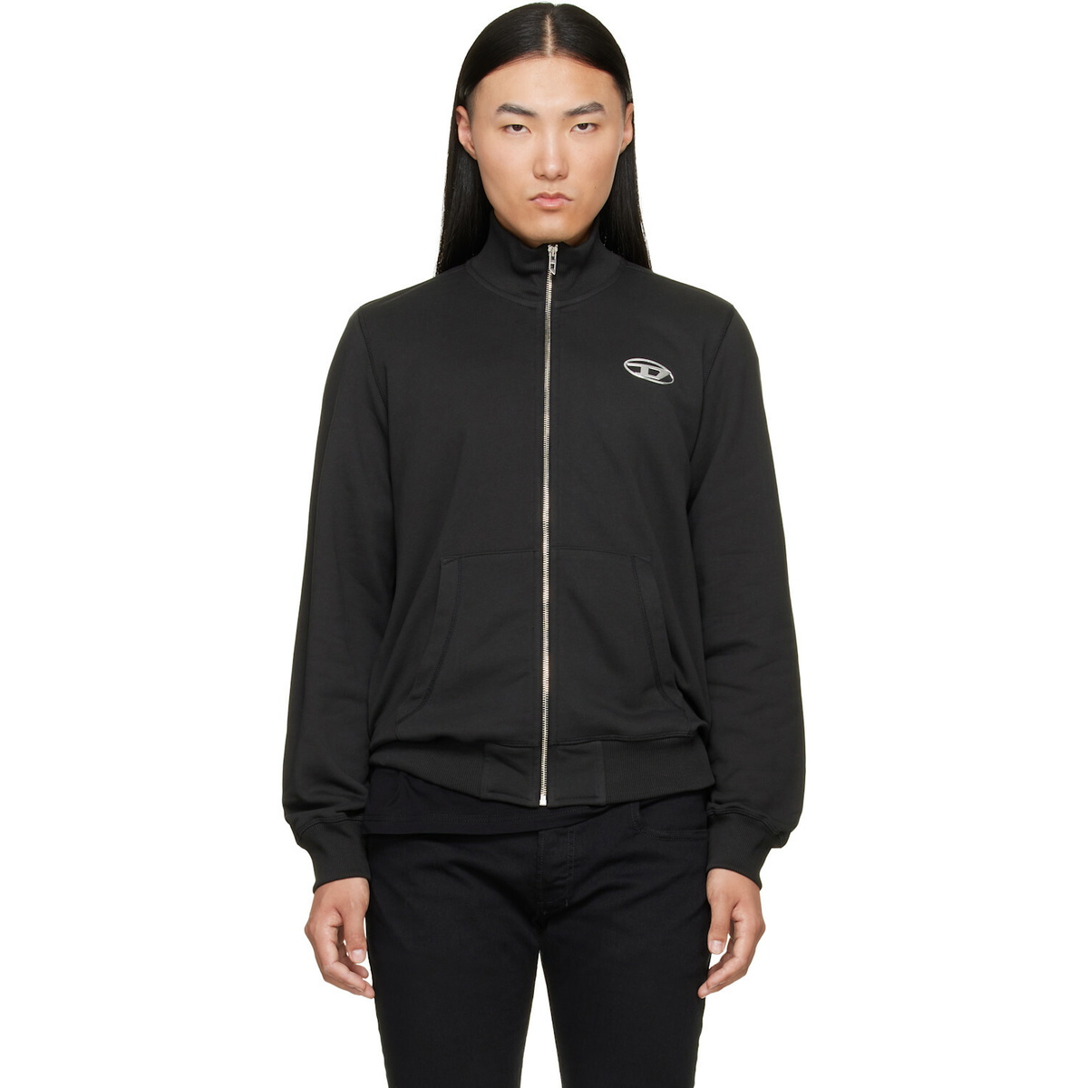 Diesel Black Mock Neck Metallic Oval D Track Jacket