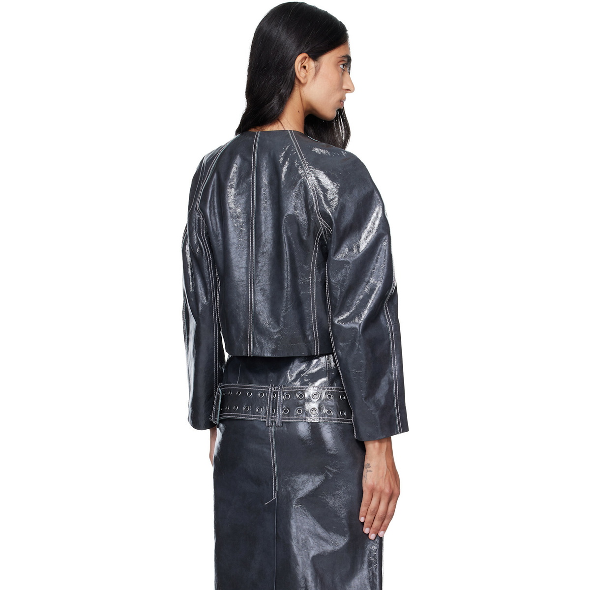 Diesel Gray Patent-Leather Cocoon Sleeve Jacket
