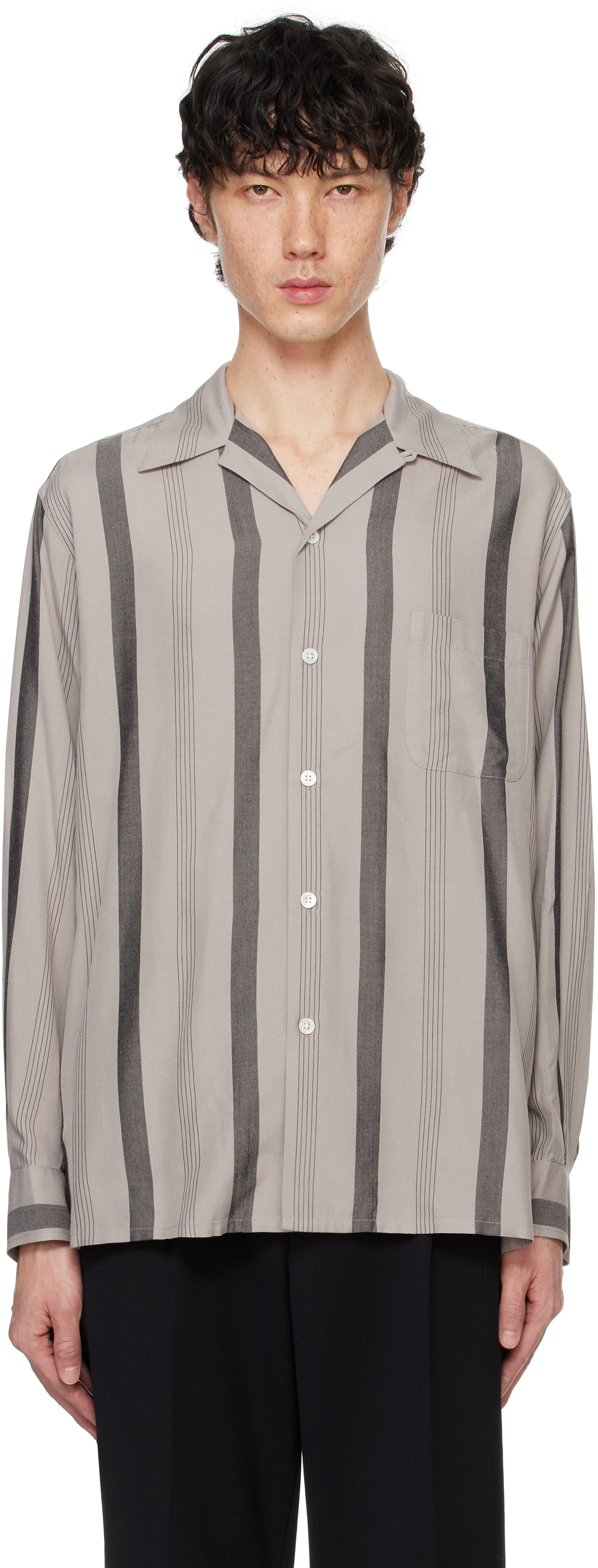 WACKO MARIA Gray Striped Open Collar Shirt