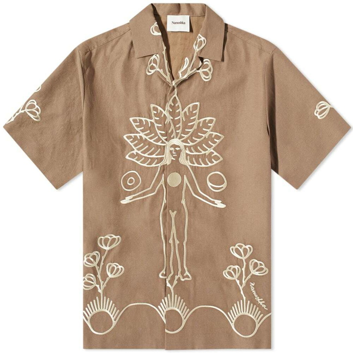 Photo: Nanushka Men's Bodil Graphic Vacation Shirt in Fossil Brown