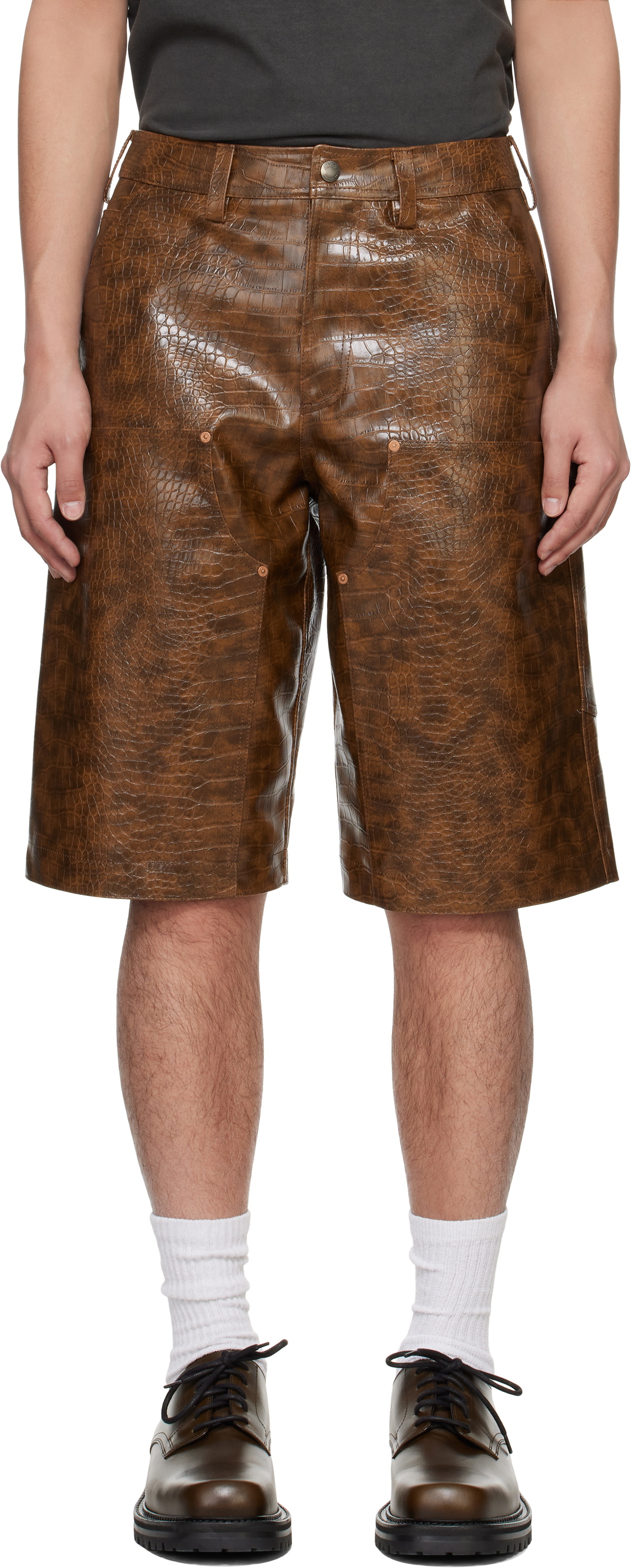 Andersson Bell Brown Double Knee Faux-Leather Shorts