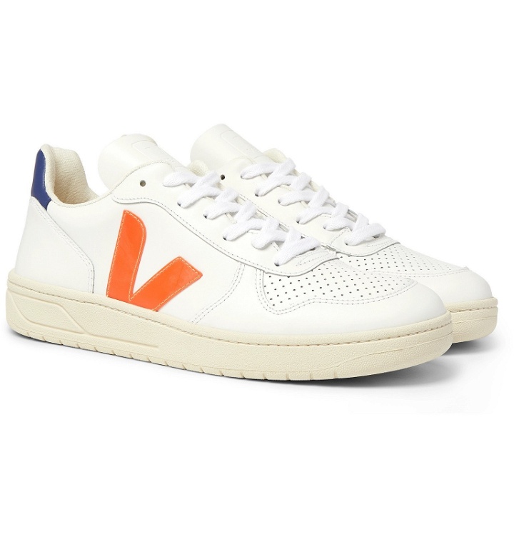 Photo: Veja - V-10 Rubber-Trimmed Leather Sneakers - White