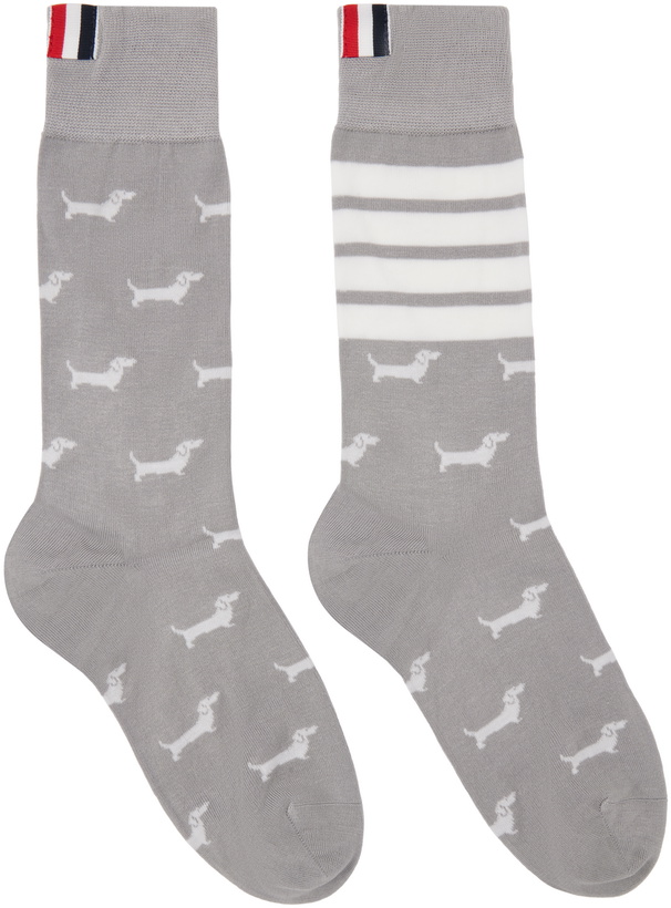 Photo: Thom Browne Gray & White Cotton 4-Bar Hector Mid Calf Socks