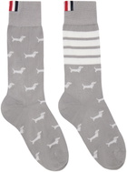 Thom Browne Gray & White Cotton 4-Bar Hector Mid Calf Socks