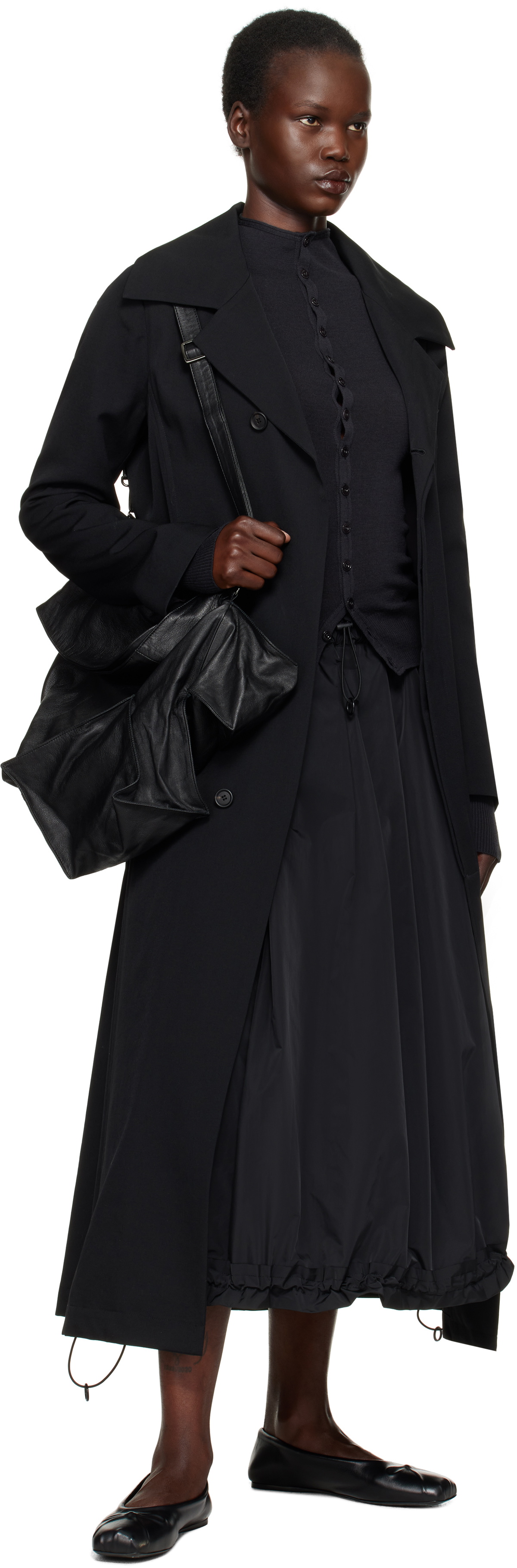 YOHJI YAMAMOTO Black PE Twill R-Volume Midi Skirt
