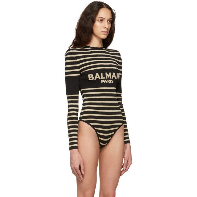 Balmain Black and Gold Striped Logo Bodysuit Balmain