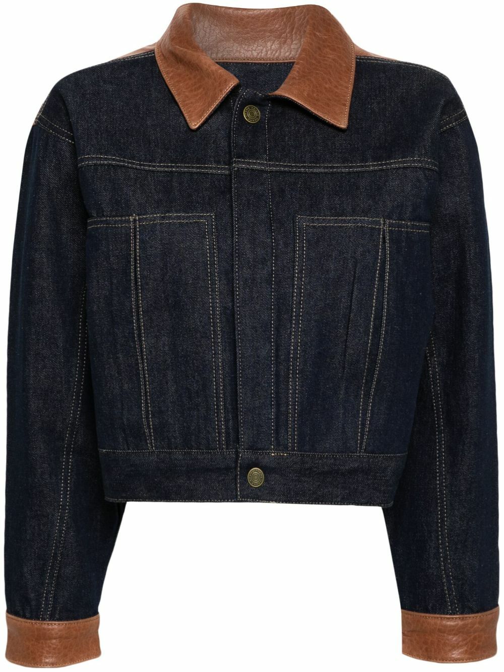 FRAME Blue Leather-Trim Denim Jacket Frame Denim