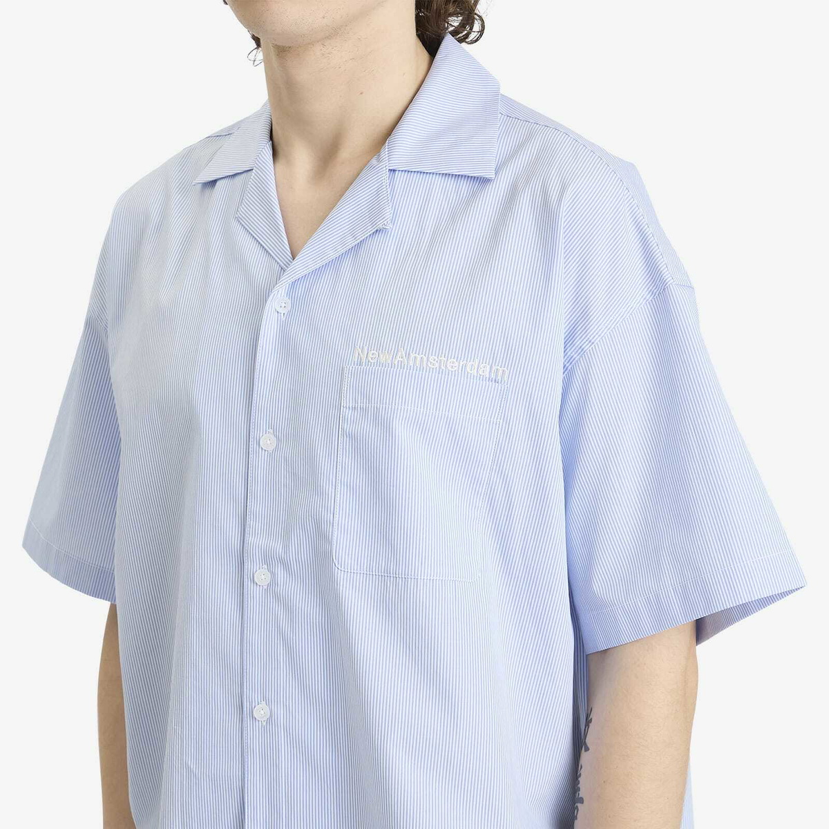 New Amsterdam Surf Association Men's WIJK Stripe Logo Shirt in White/Blue Stipres
