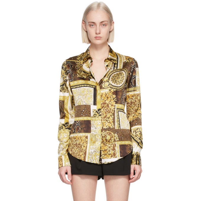 Versace Brown and Gold Silk Barocco Patchwork Shirt Versace