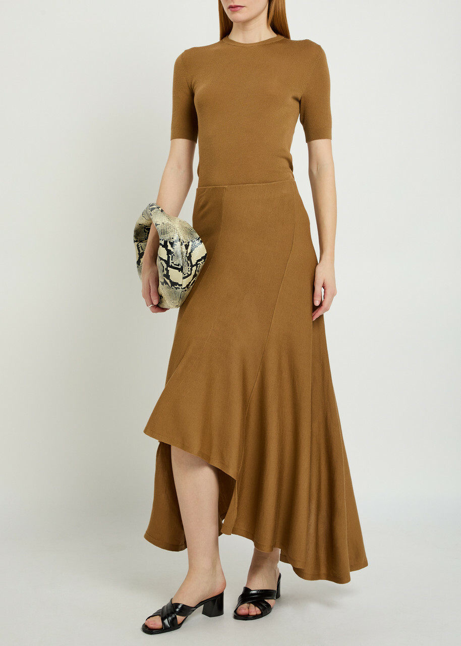 Khaite Miranda Ribbed Asymmetric Wool-blend Midi Skirt Camel