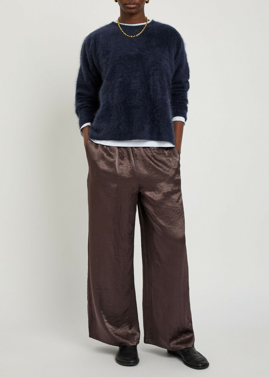 Eileen Fisher Crinkled Wide-leg Satin Trousers Brown