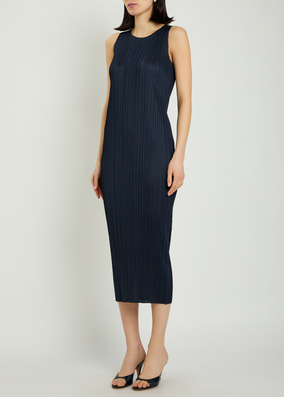 Pleats Please Issey Miyake Pleated Woven Midi Dress Navy