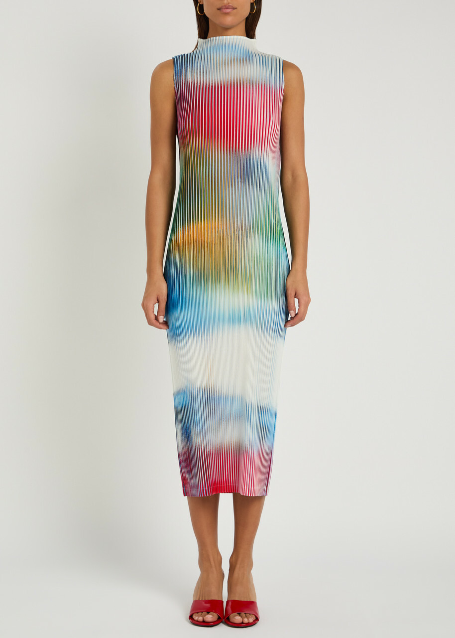 Issey Miyake Obscure Pleats Printed Woven Midi Dress Pink
