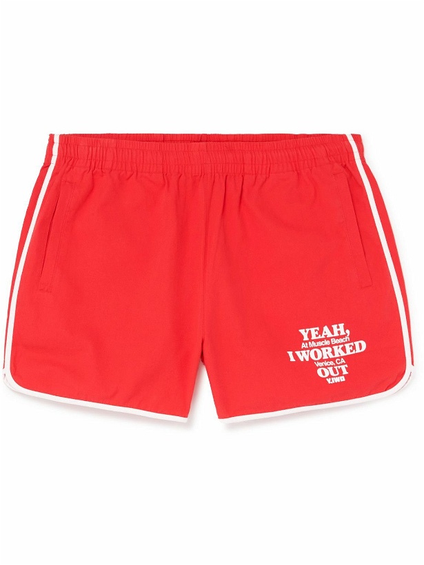 Photo: Y,IWO - P.R. Wide-Leg Logo-Print Cotton-Blend Canvas Shorts - Red