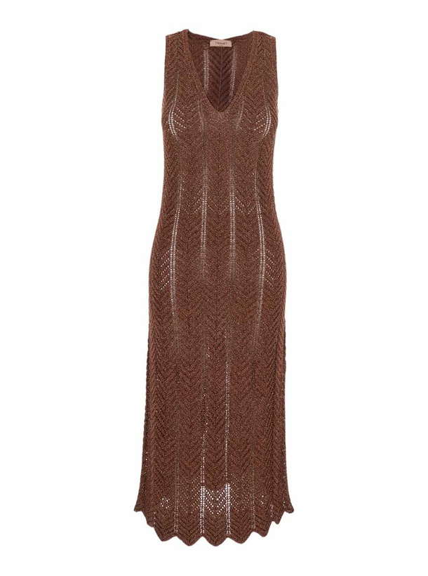 Photo: TwinSet Brown Sleeveless Long Dress With V Neck And Logo Plaque On The Rear In Viscose Blend Woman