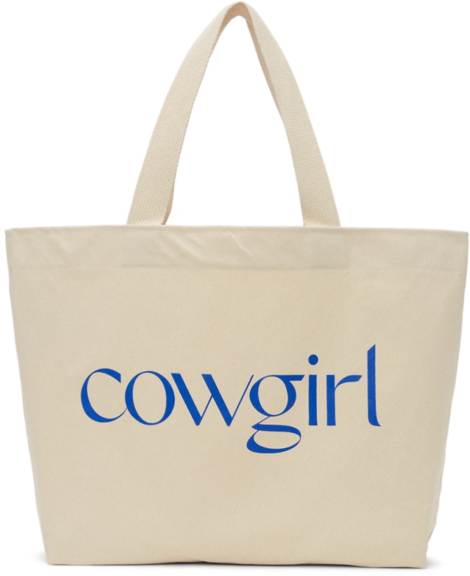 Photo: Cowgirl Blue Co SSENSE Exclusive Off-White & Blue Canvas Logo Tote