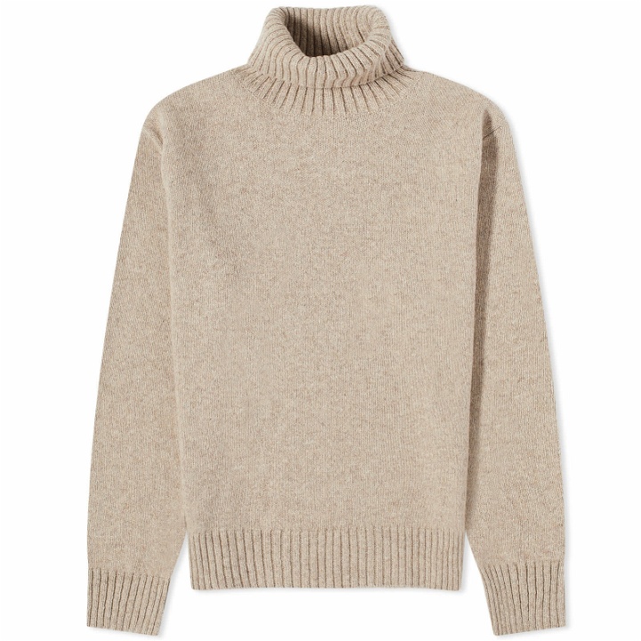 Photo: Universal Works Men's Eco Wool Roll Neck Knit in Oatmeal