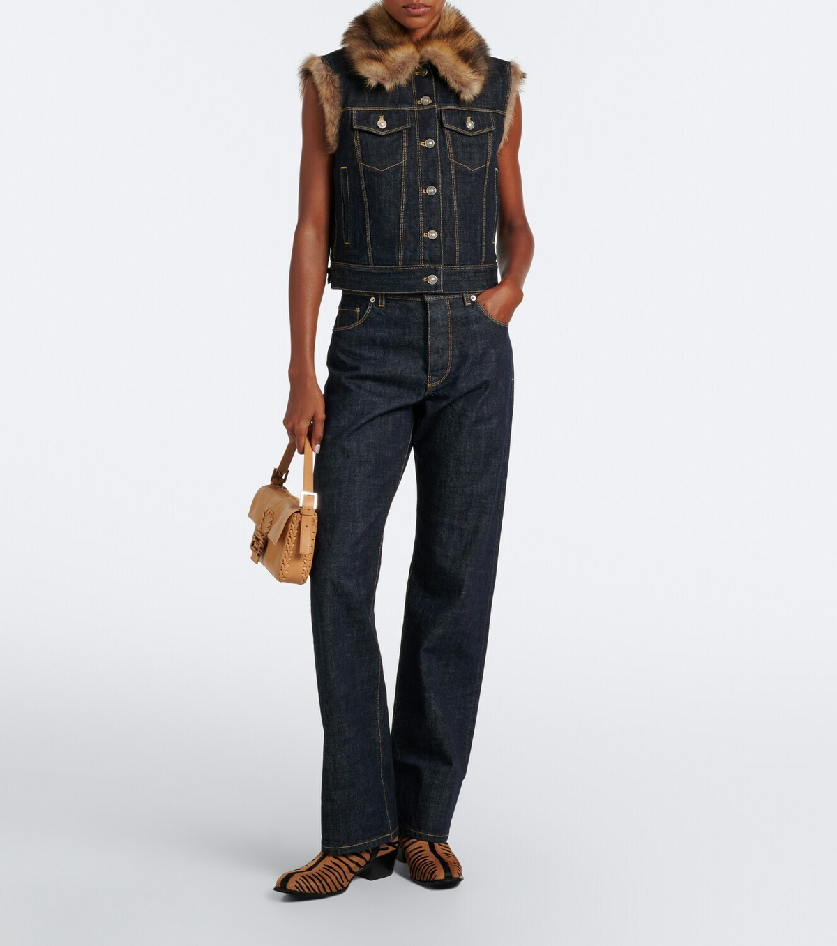Fendi Shearling-trimmed denim vest