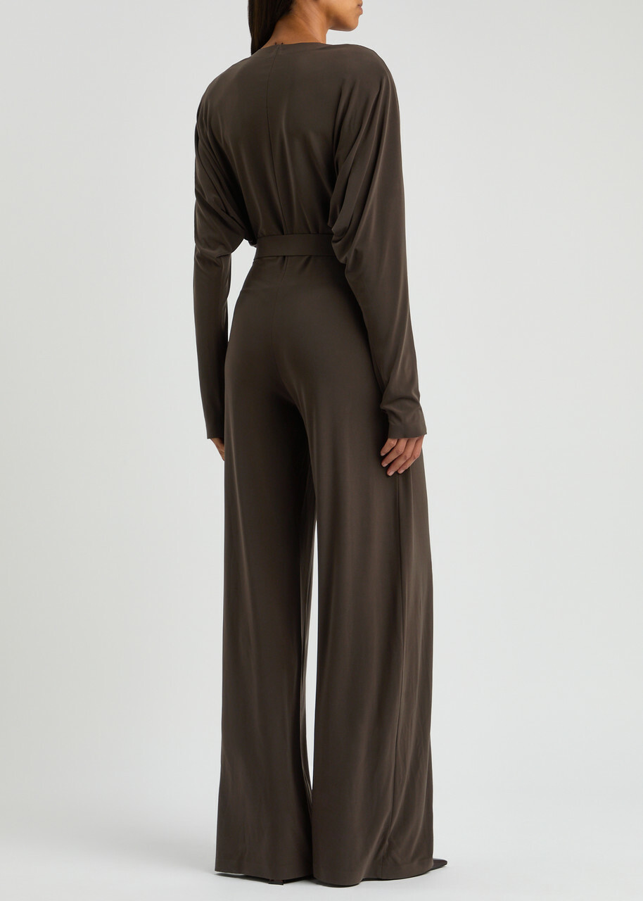 Norma Kamali Belted Wide-leg Stretch-jersey Jumpsuit Dark Brown