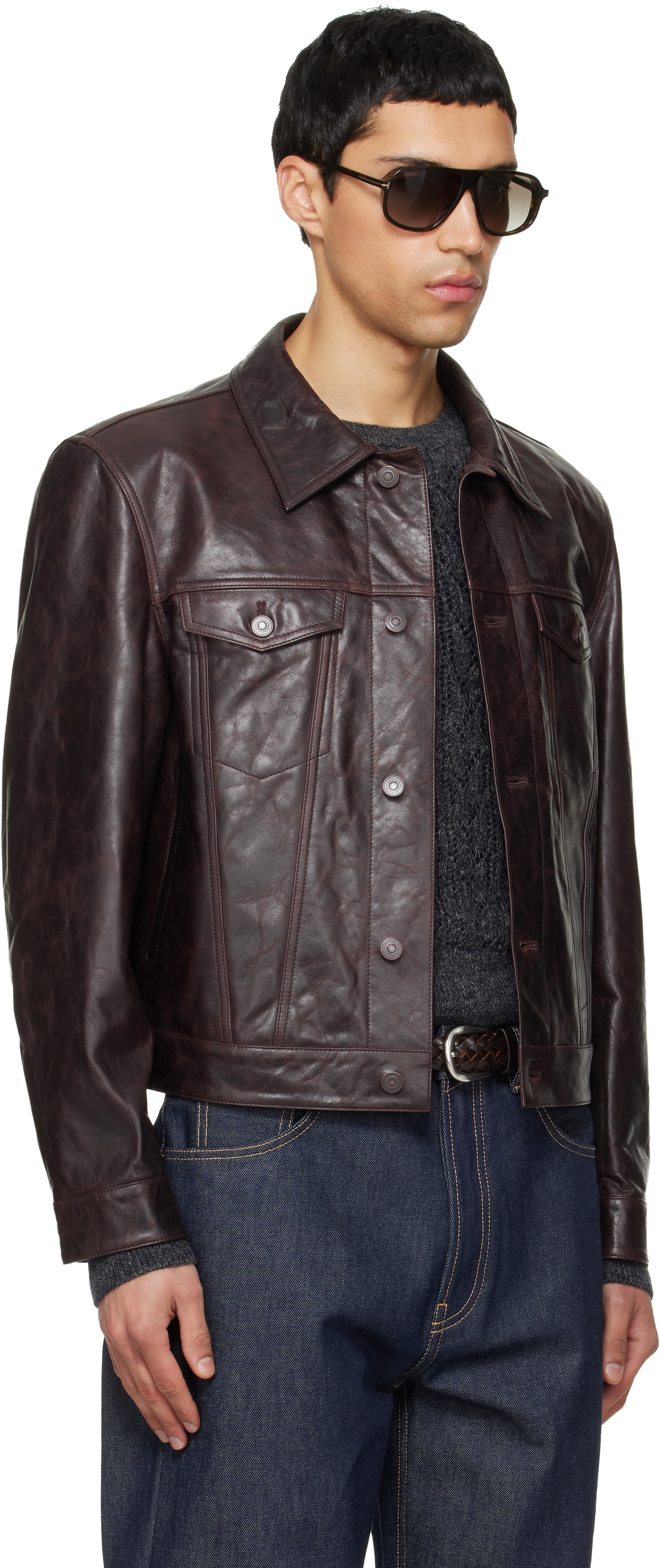 TONYWACK Brown Aged Lamb Trucker Leather Jacket