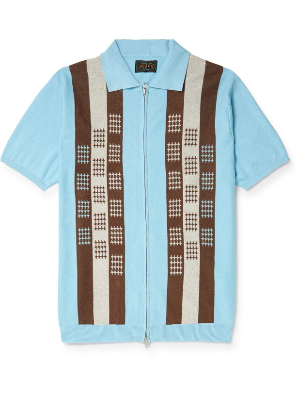 Photo: Beams Plus - Striped Ramie and Cotton-Blend Zip-Up Polo Shirt - Blue