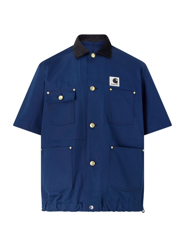 Photo: Sacai - Carhartt WIP Logo-Appliquéd Corduroy-Trimmed Cotton-Canvas Shirt - Blue
