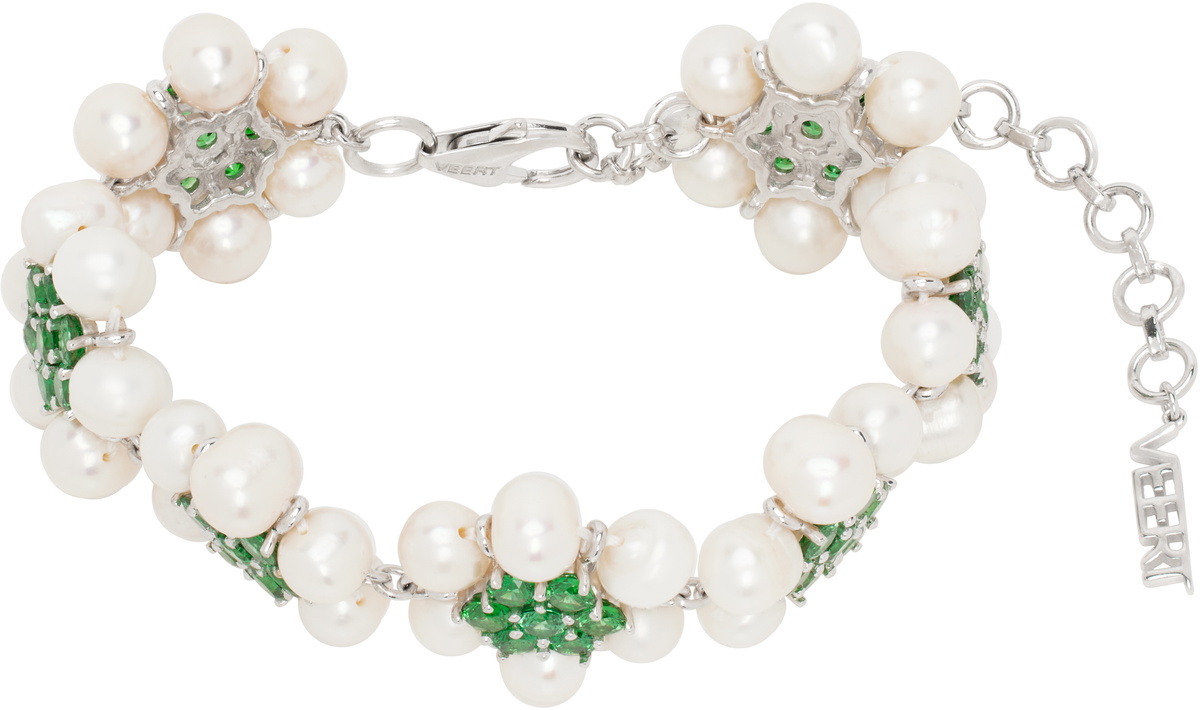 VEERT White Gold 'The 42 Pearl Green Flower' Bracelet
