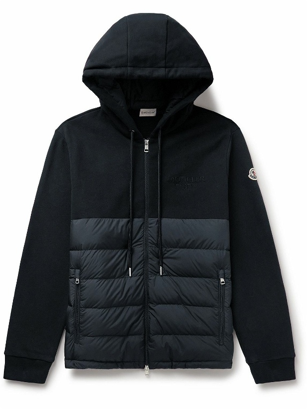 Photo: Moncler - Logo-Appliquéd Panelled Cotton-Jersey and Quilted Shell Down Zip-Up Hoodie - Blue